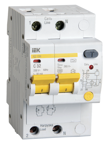 Дифференциальный автоматический выключатель АД12М 2Р С32 30мА IEK_1